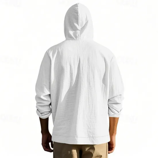 Online OUKU Men's Shirt Linen Shirt Casual Shirt Button Up Shirt Cotton Shirt Plain Vacation Hawaiian Black White Yellow Navy Blue Long Sleeve Hooded Spring Fall Clothing Apparel Pocket