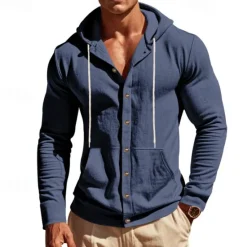 Online OUKU Men's Shirt Linen Shirt Casual Shirt Button Up Shirt Cotton Shirt Plain Vacation Hawaiian Black White Yellow Navy Blue Long Sleeve Hooded Spring Fall Clothing Apparel Pocket