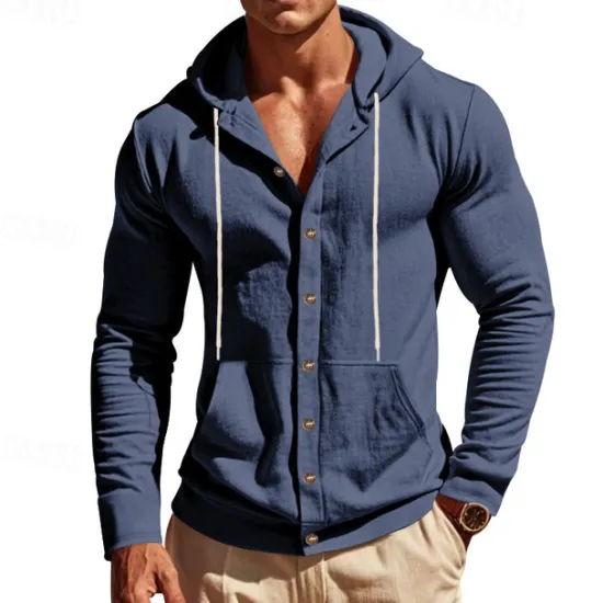 Online OUKU Men's Shirt Linen Shirt Casual Shirt Button Up Shirt Cotton Shirt Plain Vacation Hawaiian Black White Yellow Navy Blue Long Sleeve Hooded Spring Fall Clothing Apparel Pocket