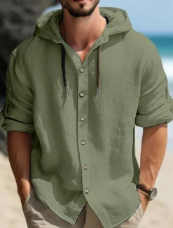 OUKU Men's Shirt Linen Shirt Calico Shirt Hooded Shirt Plain Casual Daily Black White Blue Green Long Sleeve Hooded Spring & Summer Clothing Apparel Buttons