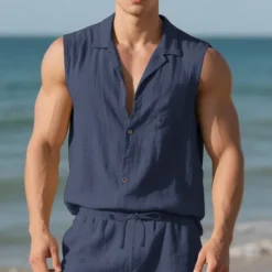 Outlet OUKU Men's Shirt Linen Shirt Casual Shirt Button Up Shirt Cotton Shirt Plain Vacation Street Black White Yellow Navy Blue Sleeveless Turndown Summer Clothing Apparel Buttons