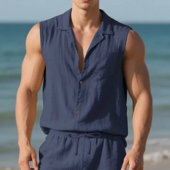 Outlet OUKU Men's Shirt Linen Shirt Casual Shirt Button Up Shirt Cotton Shirt Plain Vacation Street Black White Yellow Navy Blue Sleeveless Turndown Summer Clothing Apparel Buttons