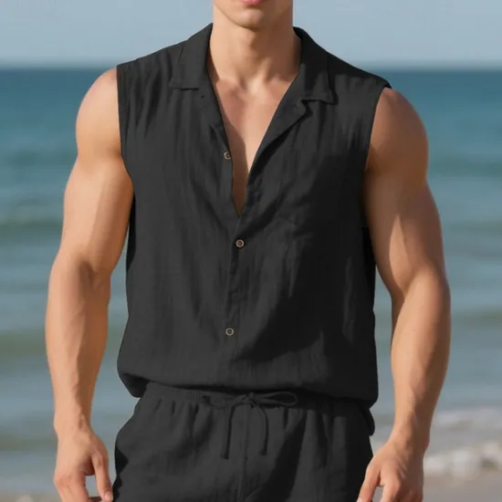 Outlet OUKU Men's Shirt Linen Shirt Casual Shirt Button Up Shirt Cotton Shirt Plain Vacation Street Black White Yellow Navy Blue Sleeveless Turndown Summer Clothing Apparel Buttons