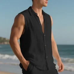 Outlet OUKU Men's Shirt Linen Shirt Casual Shirt Button Up Shirt Cotton Shirt Plain Vacation Street Black White Yellow Navy Blue Sleeveless Turndown Summer Clothing Apparel Buttons