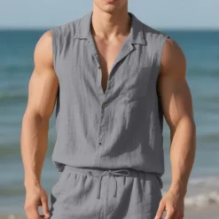 Outlet OUKU Men's Shirt Linen Shirt Casual Shirt Button Up Shirt Cotton Shirt Plain Vacation Street Black White Yellow Navy Blue Sleeveless Turndown Summer Clothing Apparel Buttons