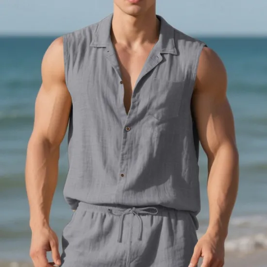 Outlet OUKU Men's Shirt Linen Shirt Casual Shirt Button Up Shirt Cotton Shirt Plain Vacation Street Black White Yellow Navy Blue Sleeveless Turndown Summer Clothing Apparel Buttons