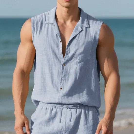 Outlet OUKU Men's Shirt Linen Shirt Casual Shirt Button Up Shirt Cotton Shirt Plain Vacation Street Black White Yellow Navy Blue Sleeveless Turndown Summer Clothing Apparel Buttons