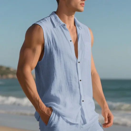 Outlet OUKU Men's Shirt Linen Shirt Casual Shirt Button Up Shirt Cotton Shirt Plain Vacation Street Black White Yellow Navy Blue Sleeveless Turndown Summer Clothing Apparel Buttons