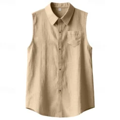 Outlet OUKU Men's Shirt Linen Shirt Casual Shirt Button Up Shirt Cotton Shirt Plain Vacation Street Black White Yellow Navy Blue Sleeveless Turndown Summer Clothing Apparel Buttons