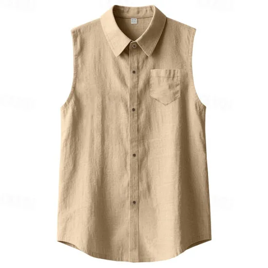 Outlet OUKU Men's Shirt Linen Shirt Casual Shirt Button Up Shirt Cotton Shirt Plain Vacation Street Black White Yellow Navy Blue Sleeveless Turndown Summer Clothing Apparel Buttons