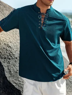 Outlet OUKU Men's Shirt Linen Shirt Casual Shirt Beach Shirt Plain Vacation Hawaiian Black White Blue Brown Short Sleeve Stand Collar Spring & Summer Clothing Apparel Basic