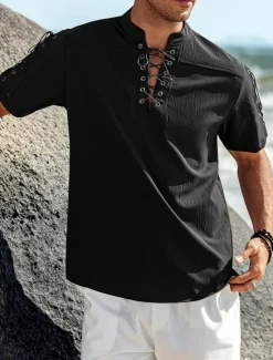 Outlet OUKU Men's Shirt Linen Shirt Casual Shirt Beach Shirt Plain Vacation Hawaiian Black White Blue Brown Short Sleeve Stand Collar Spring & Summer Clothing Apparel Basic