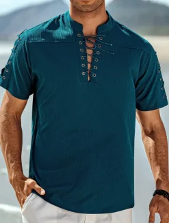 Outlet OUKU Men's Shirt Linen Shirt Casual Shirt Beach Shirt Plain Vacation Hawaiian Black White Blue Brown Short Sleeve Stand Collar Spring & Summer Clothing Apparel Basic