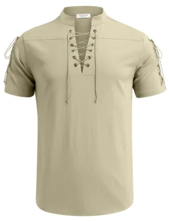 Outlet OUKU Men's Shirt Linen Shirt Casual Shirt Beach Shirt Plain Vacation Hawaiian Black White Blue Brown Short Sleeve Stand Collar Spring & Summer Clothing Apparel Basic