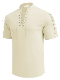 Outlet OUKU Men's Shirt Linen Shirt Casual Shirt Beach Shirt Plain Vacation Hawaiian Black White Blue Brown Short Sleeve Stand Collar Spring & Summer Clothing Apparel Basic