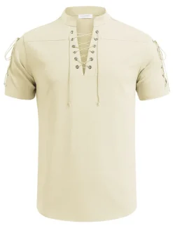 Outlet OUKU Men's Shirt Linen Shirt Casual Shirt Beach Shirt Plain Vacation Hawaiian Black White Blue Brown Short Sleeve Stand Collar Spring & Summer Clothing Apparel Basic