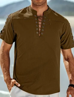 Outlet OUKU Men's Shirt Linen Shirt Casual Shirt Beach Shirt Plain Vacation Hawaiian Black White Blue Brown Short Sleeve Stand Collar Spring & Summer Clothing Apparel Basic