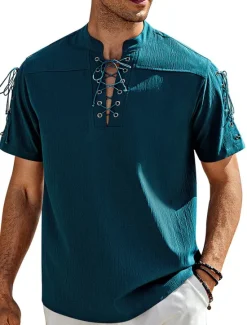 Outlet OUKU Men's Shirt Linen Shirt Casual Shirt Beach Shirt Plain Vacation Hawaiian Black White Blue Brown Short Sleeve Stand Collar Spring & Summer Clothing Apparel Basic