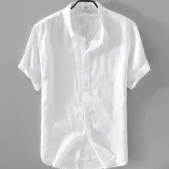 New OUKU Men's Shirt Linen Shirt Casual Shirt Cotton Shirt Plain Vacation Street Black White Pink Blue Short Sleeve Turndown Summer Clothing Apparel Button-Down