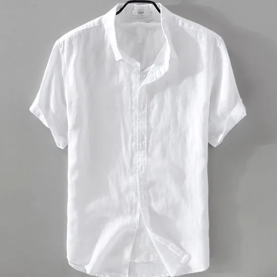 New OUKU Men's Shirt Linen Shirt Casual Shirt Cotton Shirt Plain Vacation Street Black White Pink Blue Short Sleeve Turndown Summer Clothing Apparel Button-Down