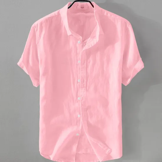 New OUKU Men's Shirt Linen Shirt Casual Shirt Cotton Shirt Plain Vacation Street Black White Pink Blue Short Sleeve Turndown Summer Clothing Apparel Button-Down