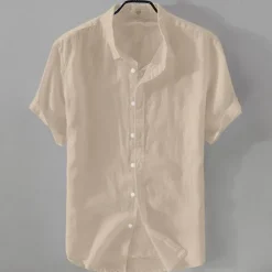 New OUKU Men's Shirt Linen Shirt Casual Shirt Cotton Shirt Plain Vacation Street Black White Pink Blue Short Sleeve Turndown Summer Clothing Apparel Button-Down