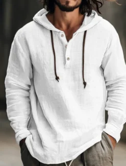 Hot OUKU Men's Shirt Linen Shirt Calico Shirt Hooded Shirt Stripes Casual Daily White Blue Brown Green Long Sleeve Hooded Spring & Summer Clothing Apparel