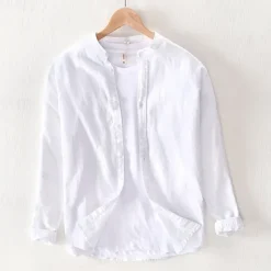 New OUKU Men's Shirt Linen Shirt Casual Shirt Button Up Shirt Cotton Shirt Plain Vacation Hawaiian White Navy Blue Khaki Gray Long Sleeve Band Collar Spring Fall Clothing Apparel Button-Down