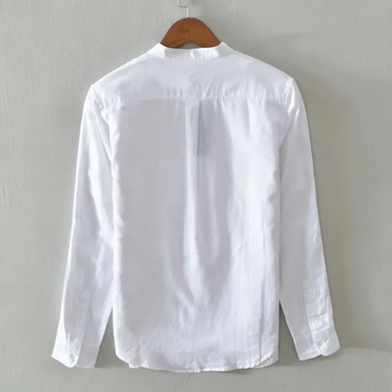 New OUKU Men's Shirt Linen Shirt Casual Shirt Button Up Shirt Cotton Shirt Plain Vacation Hawaiian White Navy Blue Khaki Gray Long Sleeve Band Collar Spring Fall Clothing Apparel Button-Down