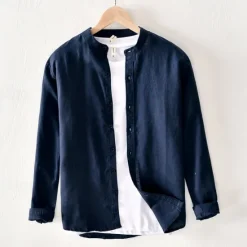 New OUKU Men's Shirt Linen Shirt Casual Shirt Button Up Shirt Cotton Shirt Plain Vacation Hawaiian White Navy Blue Khaki Gray Long Sleeve Band Collar Spring Fall Clothing Apparel Button-Down