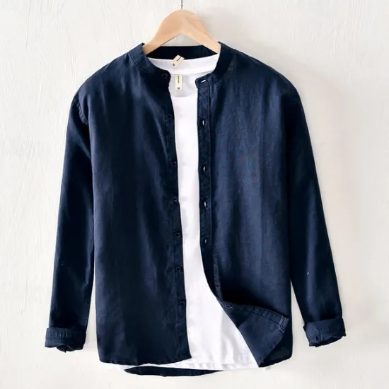 New OUKU Men's Shirt Linen Shirt Casual Shirt Button Up Shirt Cotton Shirt Plain Vacation Hawaiian White Navy Blue Khaki Gray Long Sleeve Band Collar Spring Fall Clothing Apparel Button-Down
