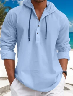 Online OUKU Men's Shirt Linen Shirt Calico Shirt Summer Shirt Beach Wear Plain Vacation Curise White Blue Brown Green Long Sleeve Hooded Spring & Summer Clothing Apparel