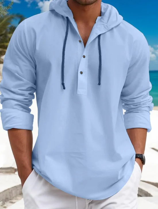 Online OUKU Men's Shirt Linen Shirt Calico Shirt Summer Shirt Beach Wear Plain Vacation Curise White Blue Brown Green Long Sleeve Hooded Spring & Summer Clothing Apparel