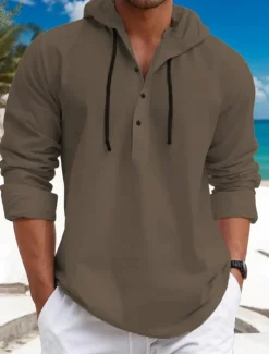 Online OUKU Men's Shirt Linen Shirt Calico Shirt Summer Shirt Beach Wear Plain Vacation Curise White Blue Brown Green Long Sleeve Hooded Spring & Summer Clothing Apparel