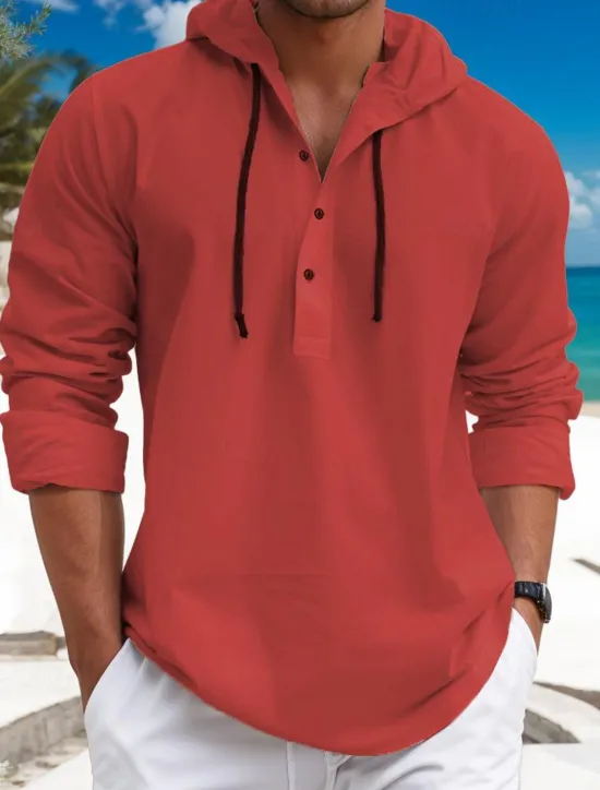 Online OUKU Men's Shirt Linen Shirt Calico Shirt Summer Shirt Beach Wear Plain Vacation Curise White Blue Brown Green Long Sleeve Hooded Spring & Summer Clothing Apparel