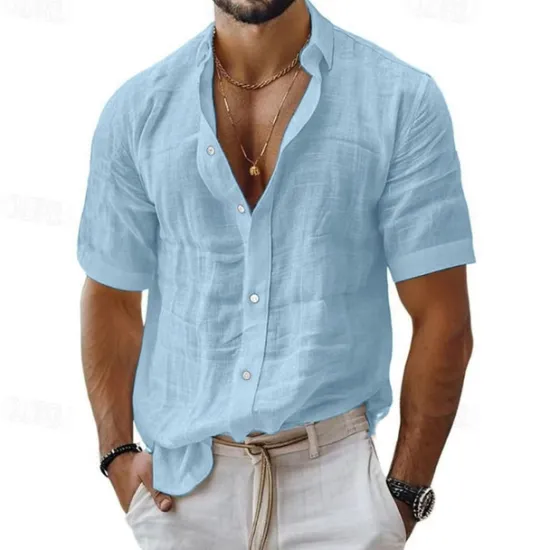Sale OUKU Men's Shirt Linen Shirt Casual Shirt Button Up Shirt Cotton Shirt Plain Vacation Street Black White Pink Blue Short Sleeve Turndown Summer Clothing Apparel