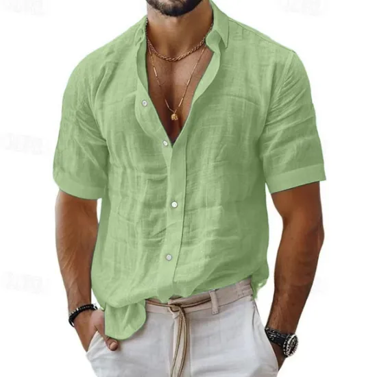 Sale OUKU Men's Shirt Linen Shirt Casual Shirt Button Up Shirt Cotton Shirt Plain Vacation Street Black White Pink Blue Short Sleeve Turndown Summer Clothing Apparel