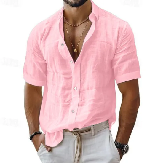 Sale OUKU Men's Shirt Linen Shirt Casual Shirt Button Up Shirt Cotton Shirt Plain Vacation Street Black White Pink Blue Short Sleeve Turndown Summer Clothing Apparel