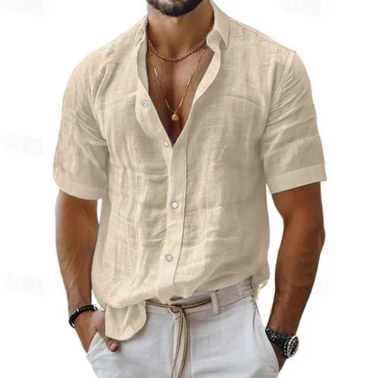Sale OUKU Men's Shirt Linen Shirt Casual Shirt Button Up Shirt Cotton Shirt Plain Vacation Street Black White Pink Blue Short Sleeve Turndown Summer Clothing Apparel