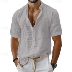 Sale OUKU Men's Shirt Linen Shirt Casual Shirt Button Up Shirt Cotton Shirt Plain Vacation Street Black White Pink Blue Short Sleeve Turndown Summer Clothing Apparel