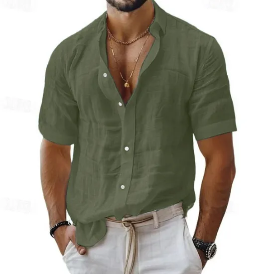 Sale OUKU Men's Shirt Linen Shirt Casual Shirt Button Up Shirt Cotton Shirt Plain Vacation Street Black White Pink Blue Short Sleeve Turndown Summer Clothing Apparel