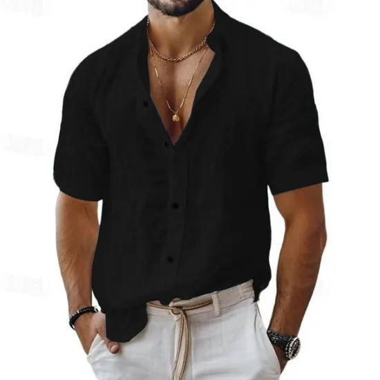 Sale OUKU Men's Shirt Linen Shirt Casual Shirt Button Up Shirt Cotton Shirt Plain Vacation Street Black White Pink Blue Short Sleeve Turndown Summer Clothing Apparel