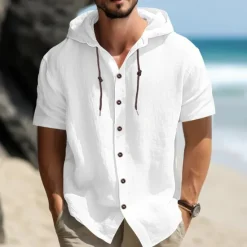 OUKU Men's Shirt Linen Shirt Casual Shirt Button Up Shirt Plain Vacation Street Black White Blue Khaki Short Sleeve Hooded Summer Clothing Apparel Adjustable Drawstring Hood