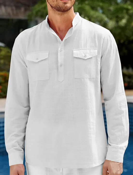 OUKU Men's Shirt Linen Shirt Casual Shirt Beach Shirt Black White Blue Long Sleeve Plain Stand Collar Spring & Summer Hawaiian Holiday Clothing Apparel Basic