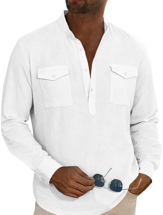 OUKU Men's Shirt Linen Shirt Casual Shirt Beach Shirt Black White Blue Long Sleeve Plain Stand Collar Spring & Summer Hawaiian Holiday Clothing Apparel Basic