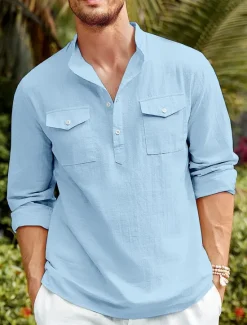 OUKU Men's Shirt Linen Shirt Casual Shirt Beach Shirt Black White Blue Long Sleeve Plain Stand Collar Spring & Summer Hawaiian Holiday Clothing Apparel Basic