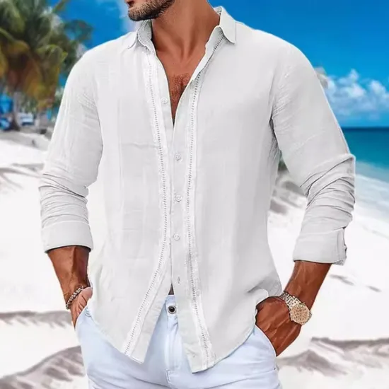 Best OUKU Men's Shirt Linen Shirt Casual Shirt Button Up Shirt Cotton Shirt Color Block Vacation Hawaiian White Sky Blue Gray Long Sleeve Lapel Spring Fall Clothing Apparel Patchwork