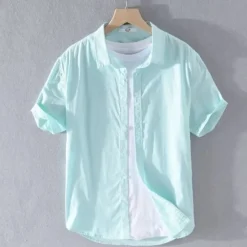 Best OUKU Men's Shirt Linen Shirt Casual Shirt Button Up Shirt Cotton Shirt Plain Vacation Street White Light Green Navy Blue Green Short Sleeve Turndown Summer Clothing Apparel Button-Down