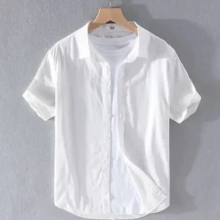 Best OUKU Men's Shirt Linen Shirt Casual Shirt Button Up Shirt Cotton Shirt Plain Vacation Street White Light Green Navy Blue Green Short Sleeve Turndown Summer Clothing Apparel Button-Down