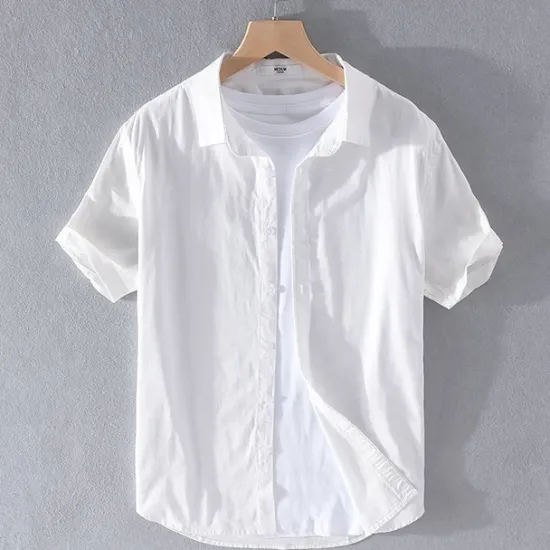 Best OUKU Men's Shirt Linen Shirt Casual Shirt Button Up Shirt Cotton Shirt Plain Vacation Street White Light Green Navy Blue Green Short Sleeve Turndown Summer Clothing Apparel Button-Down